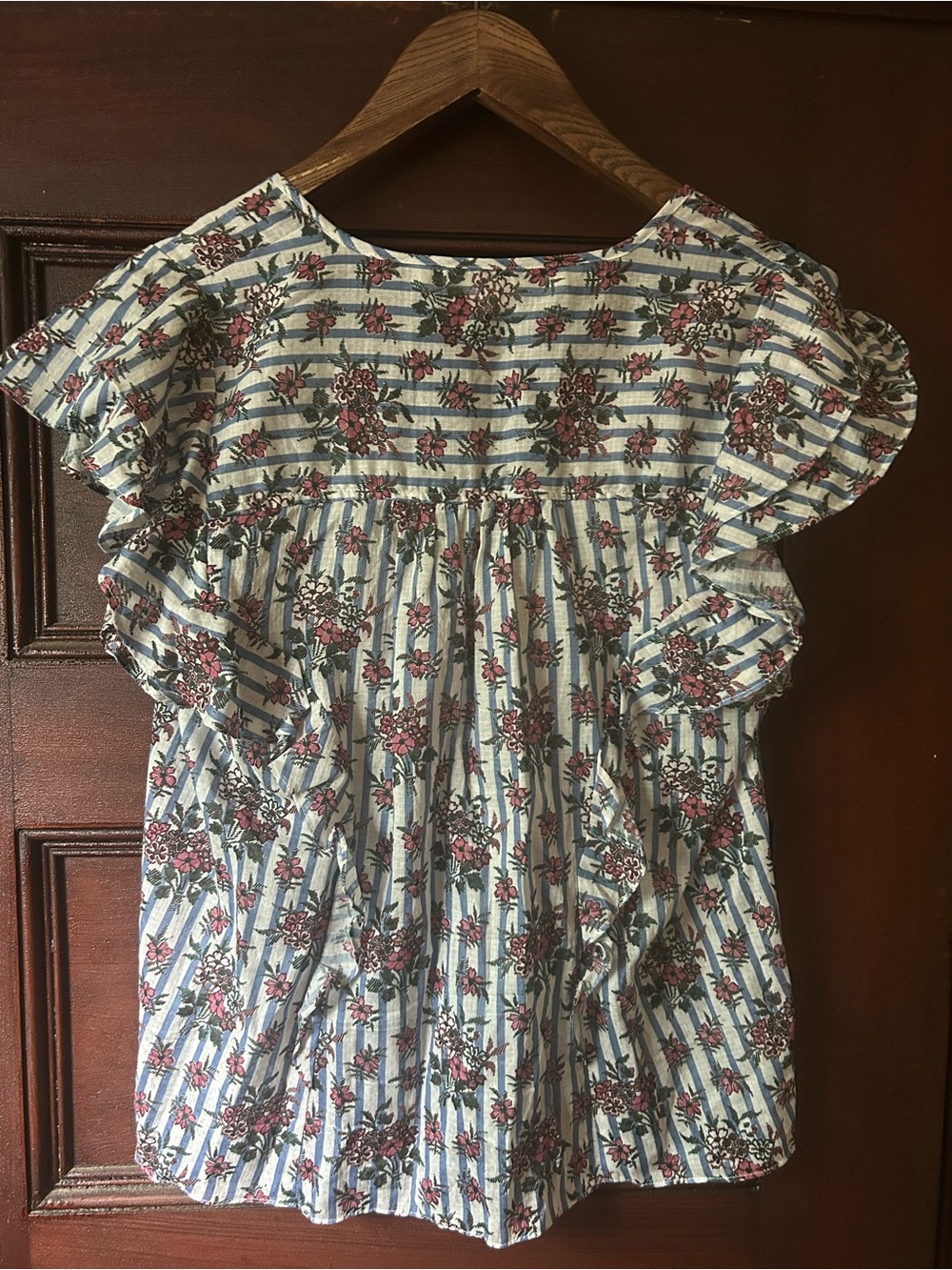 Veronica Beard Joi Flutter Sleeve Blouse Size 6 Floral Stripe Ruffle Designer - Picture 8 of 10
